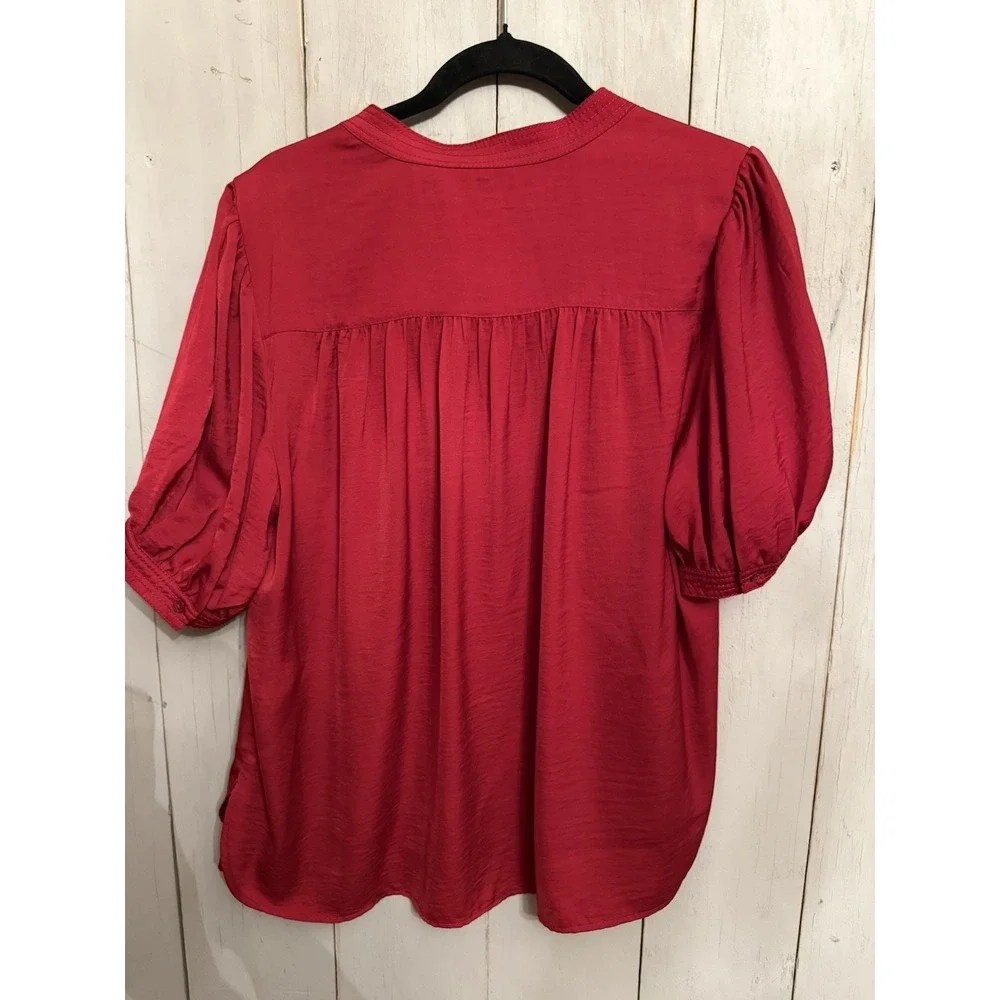 Banana‎ Republic Volume Puff Short Sleeve Blouse Sz-Lg Apple Red Satin Silky